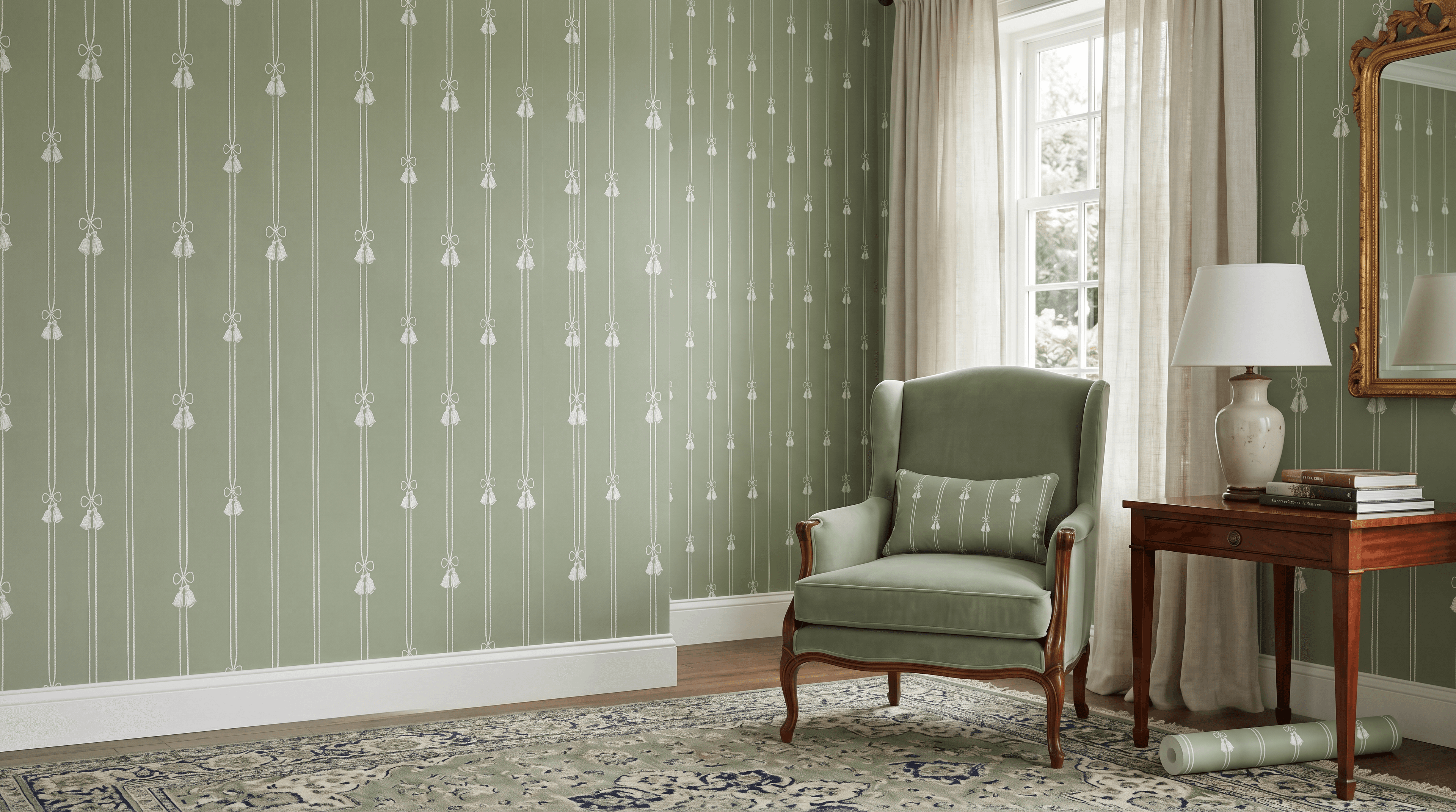 Sage Green Tassel Stripe Wallpaper with Bow & Cord Detail